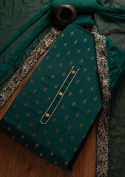 Peacock Green Swarovski Satin Designer Unstitched Salwar Suit - koskii