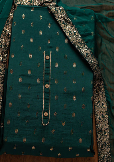 Peacock Green Swarovski Satin Designer Unstitched Salwar Suit - koskii