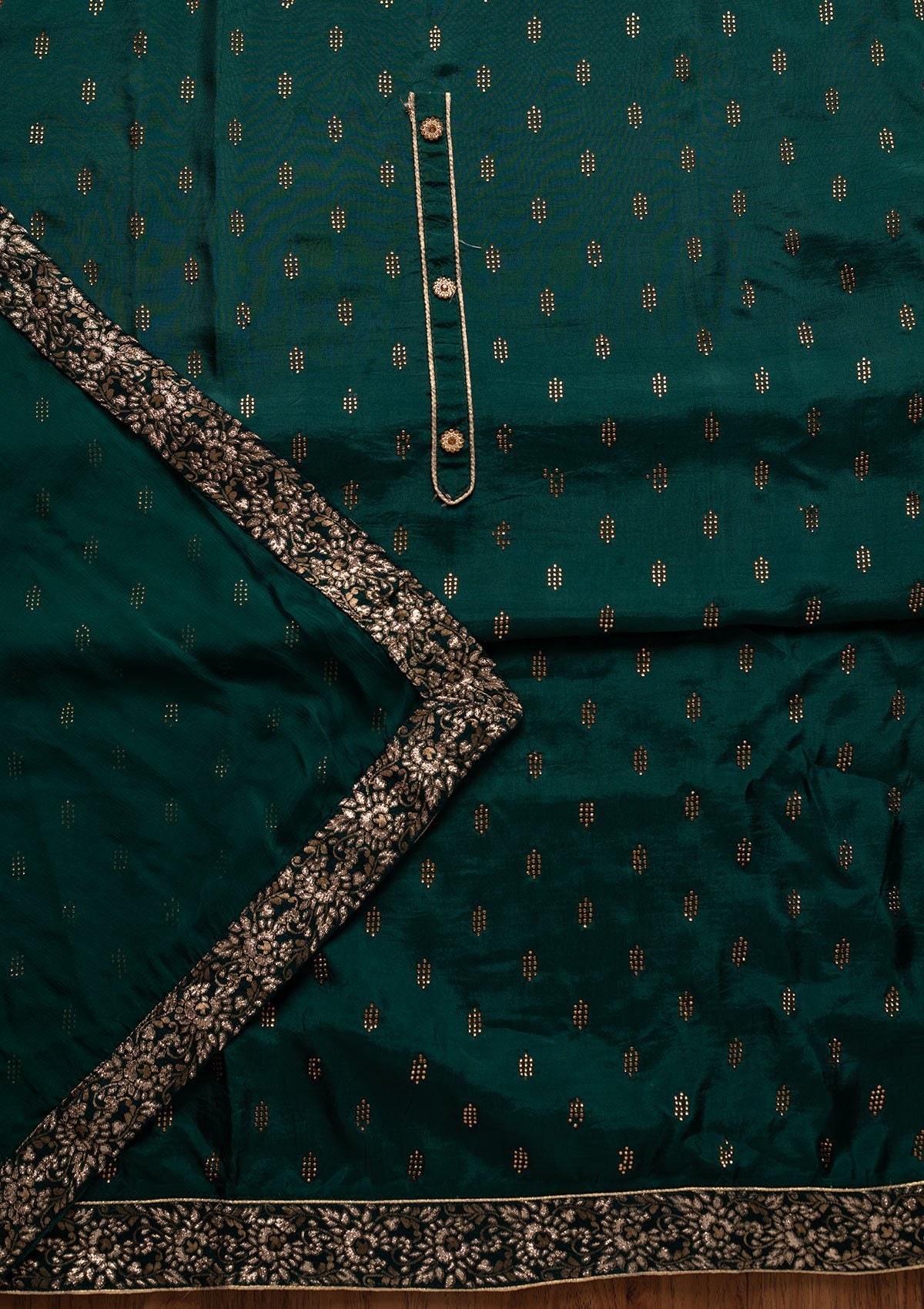 Peacock Green Swarovski Satin Designer Unstitched Salwar Suit - koskii