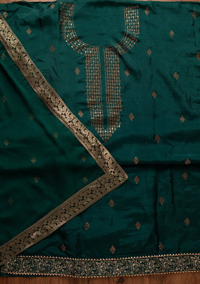 Peacock Green Swarovski Satin Designer Unstitched Salwar Suit - koskii