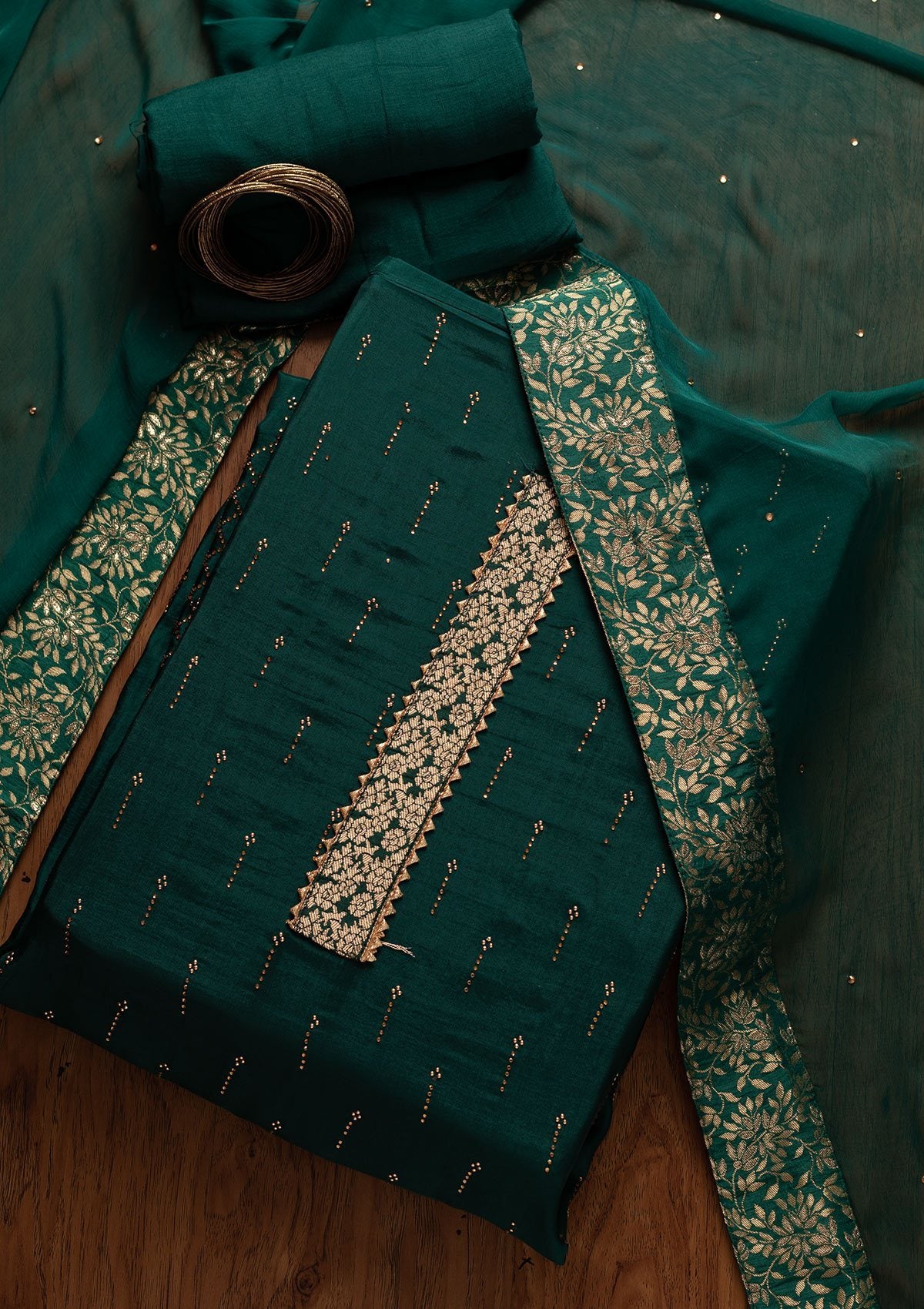 Peacock Green Swarovski Satin Designer Unstitched Salwar Suit - koskii