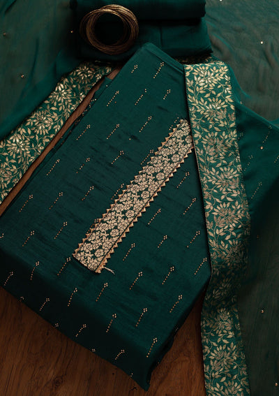 Peacock Green Swarovski Satin Designer Unstitched Salwar Suit - koskii