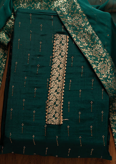 Peacock Green Swarovski Satin Designer Unstitched Salwar Suit - koskii