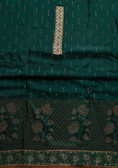 Peacock Green Swarovski Satin Designer Unstitched Salwar Suit - koskii