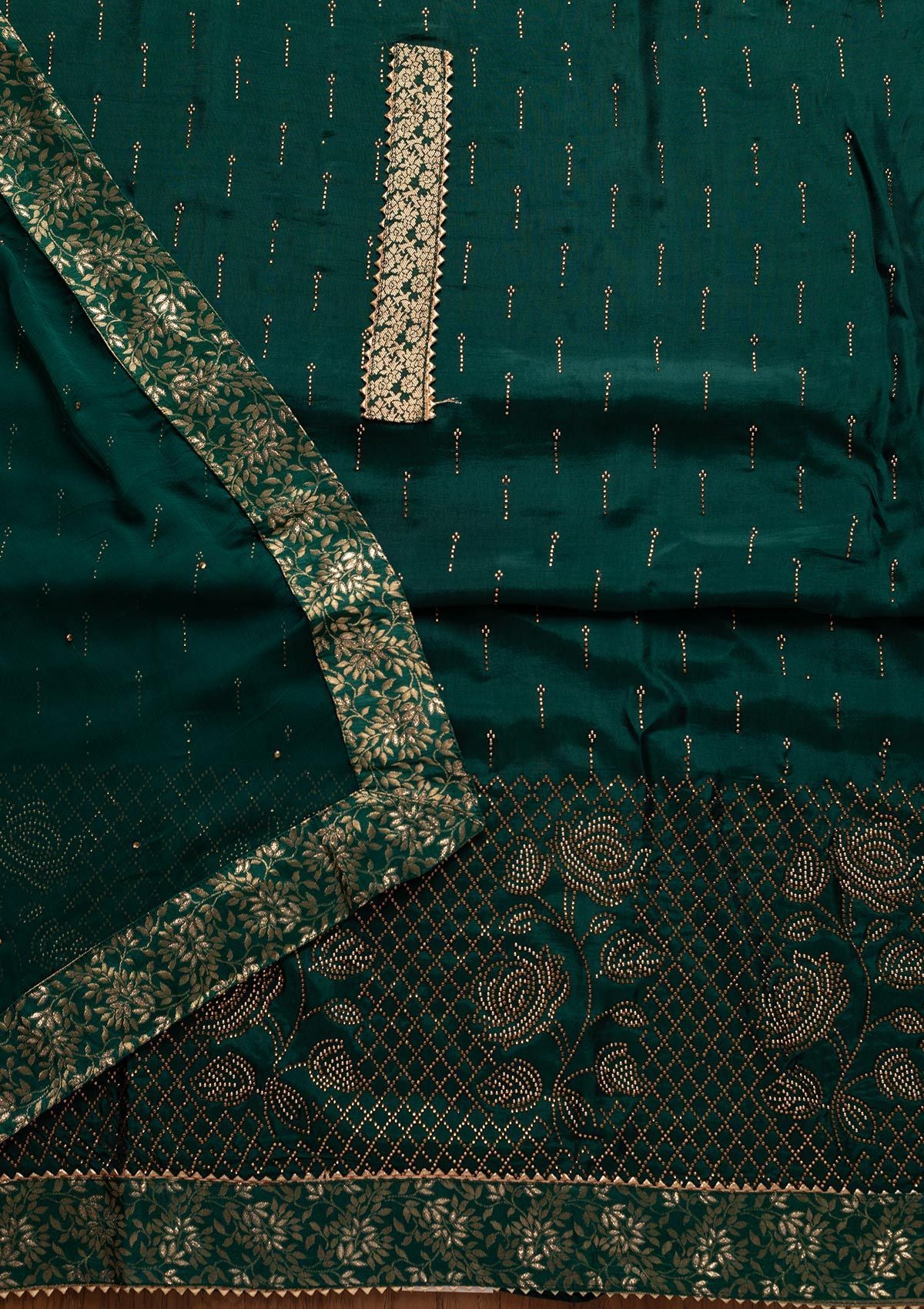 Peacock Green Swarovski Satin Designer Unstitched Salwar Suit - koskii