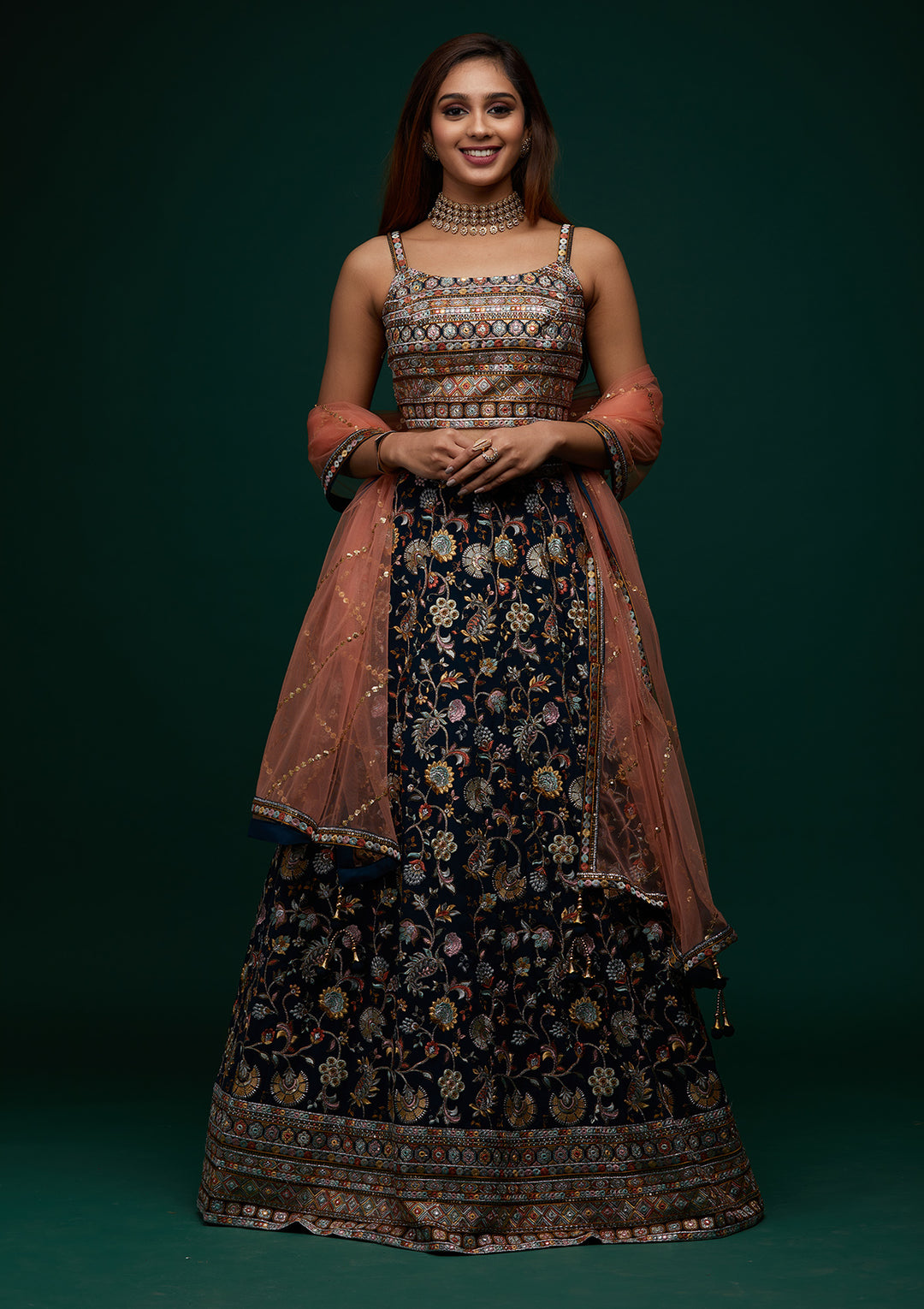 Peacock Green Threadwork Georgette Designer Lehenga - Koskii