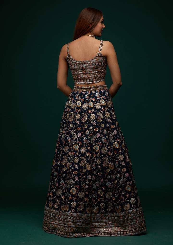 Peacock Green Threadwork Georgette Designer Lehenga - Koskii