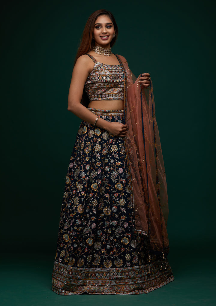 Peacock Green Threadwork Georgette Designer Lehenga - Koskii