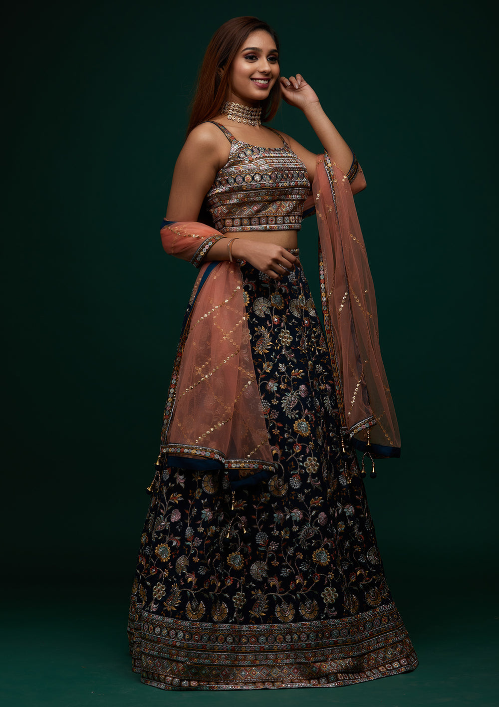 Peacock Green Threadwork Georgette Designer Lehenga - Koskii