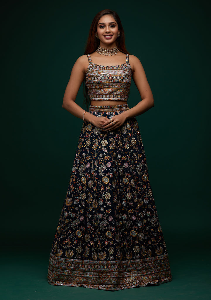 Peacock Green Threadwork Georgette Designer Lehenga - Koskii
