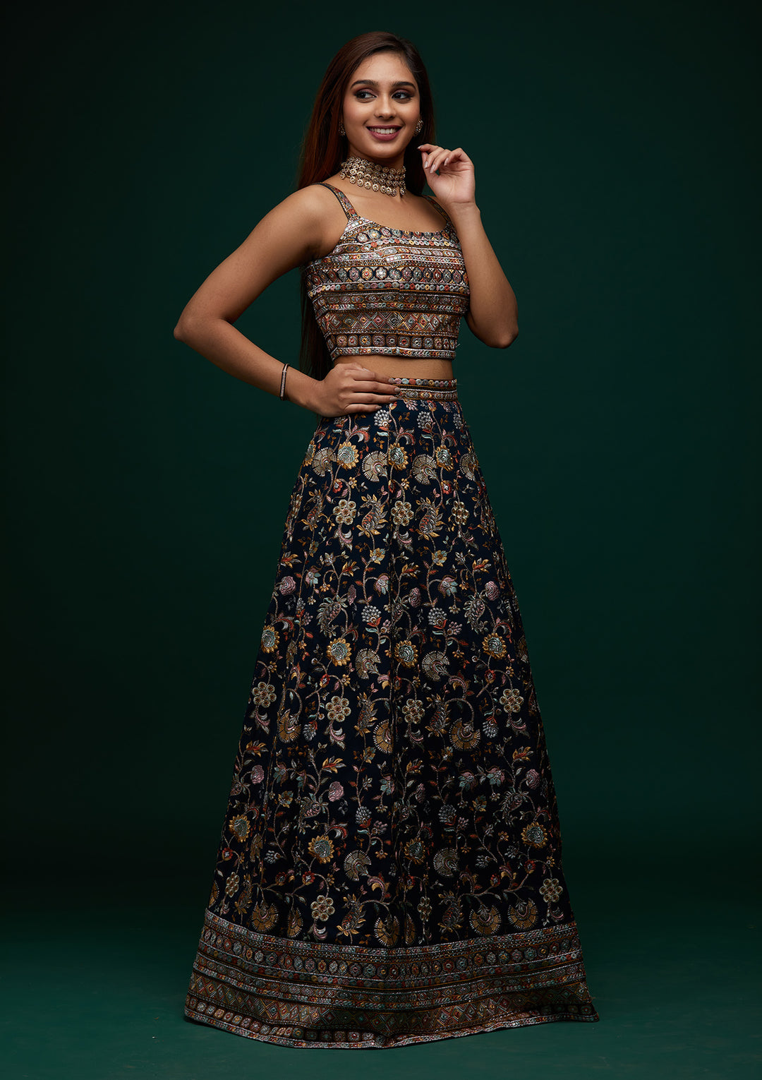 Peacock Green Threadwork Georgette Designer Lehenga - Koskii