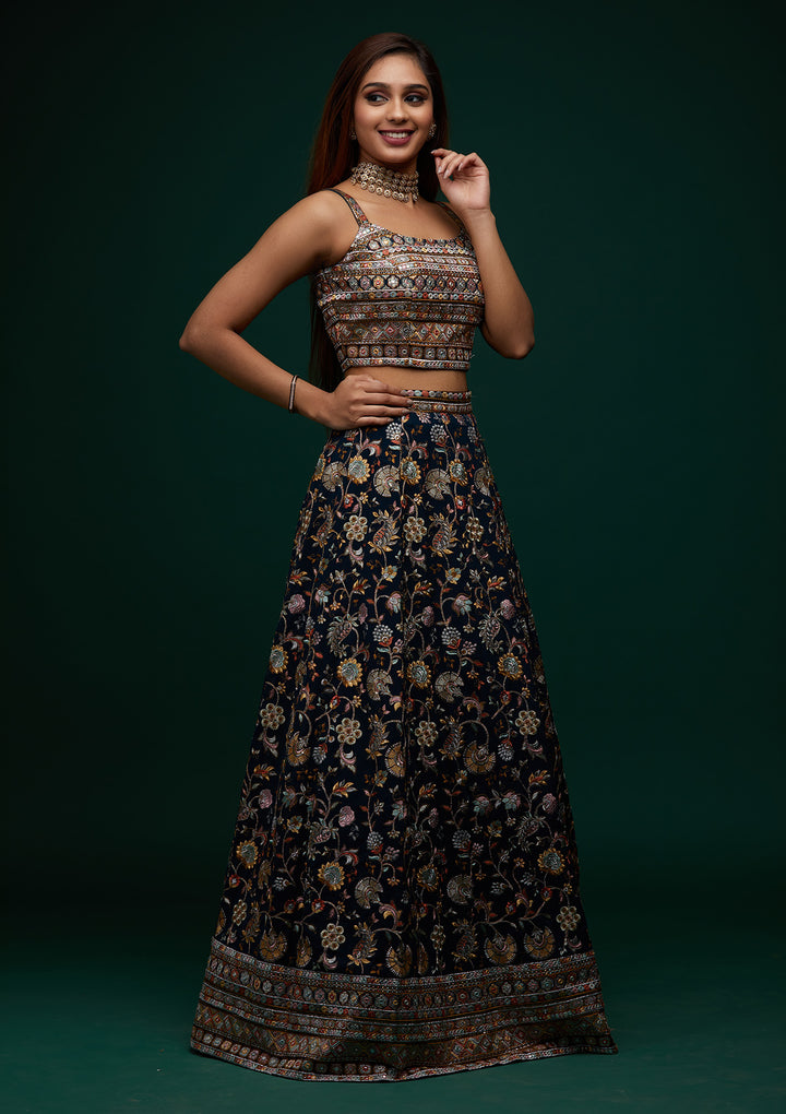 Peacock Green Threadwork Georgette Designer Lehenga - Koskii