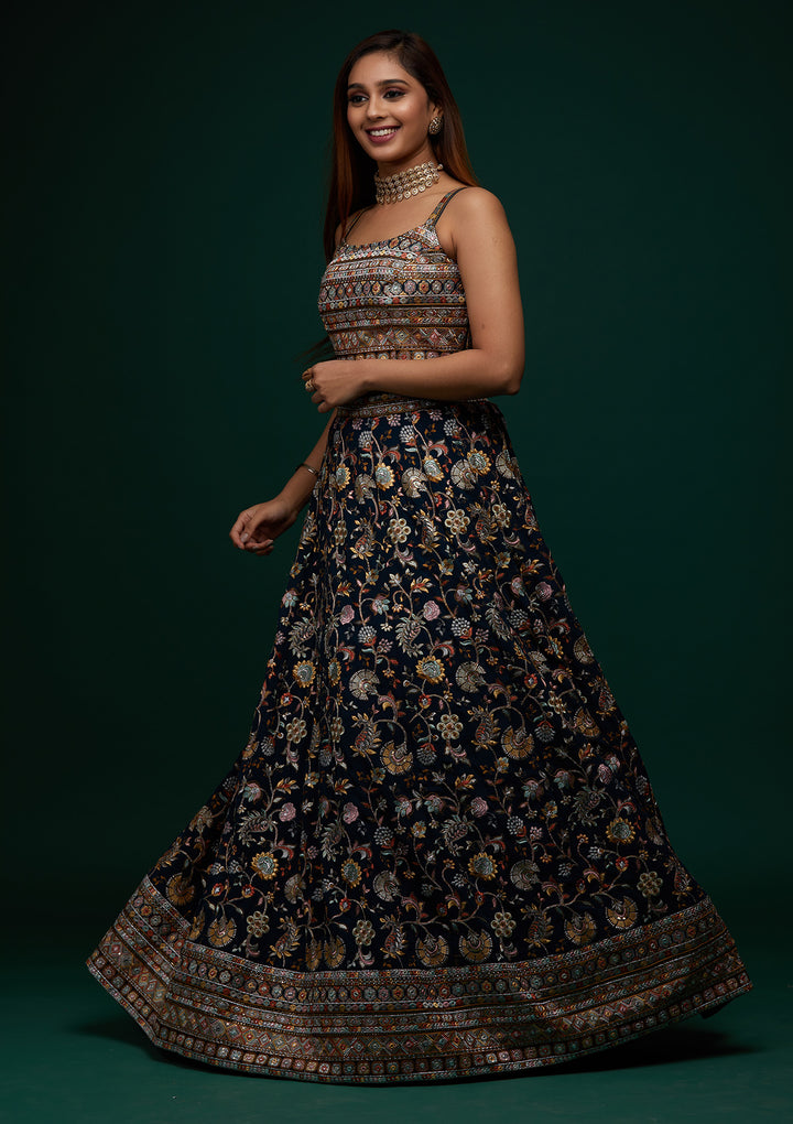 Peacock Green Threadwork Georgette Designer Lehenga - Koskii