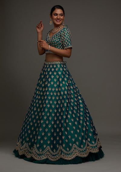 Peacock Green Zardosi Raw Silk Designer Lehenga - Koskii