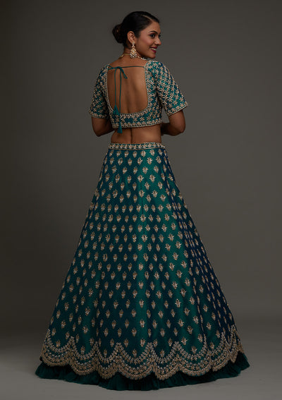 Peacock Green Zardosi Raw Silk Designer Lehenga - Koskii