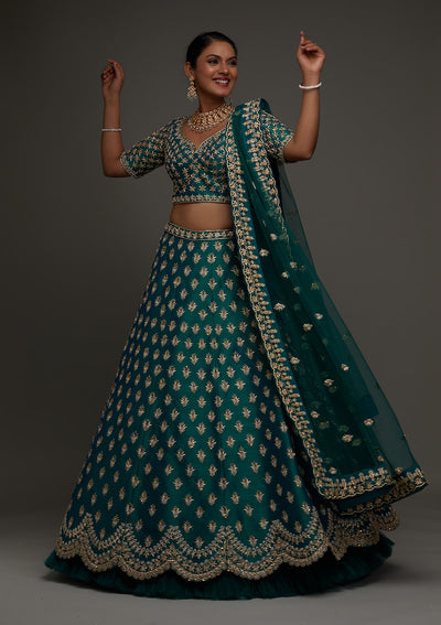 Peacock Green Zardosi Raw Silk Designer Lehenga - Koskii