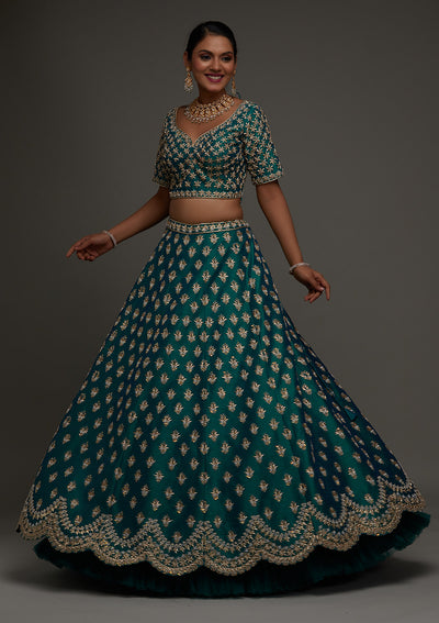 Peacock Green Zardosi Raw Silk Designer Lehenga - Koskii