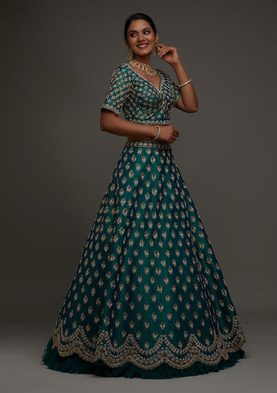 Peacock Green Zardosi Raw Silk Designer Lehenga - Koskii