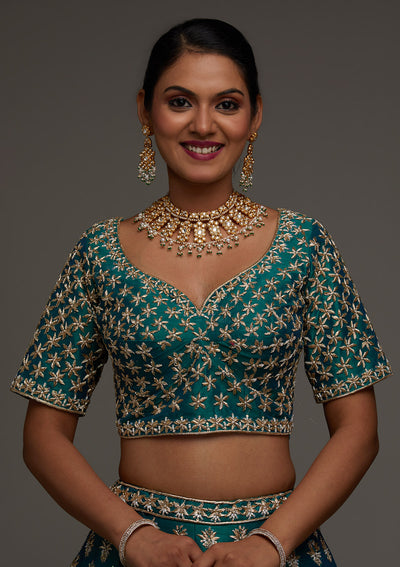 Peacock Green Zardosi Raw Silk Designer Lehenga - Koskii