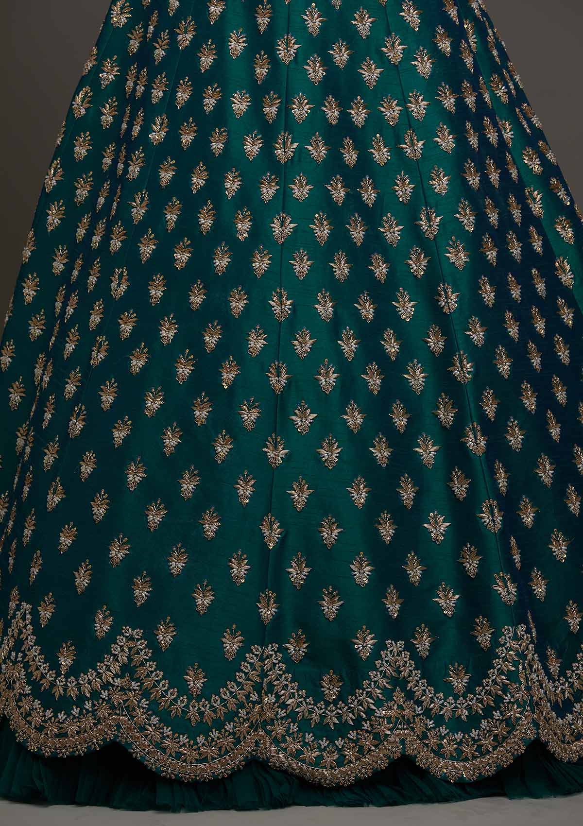 Peacock Green Zardosi Raw Silk Designer Lehenga - Koskii