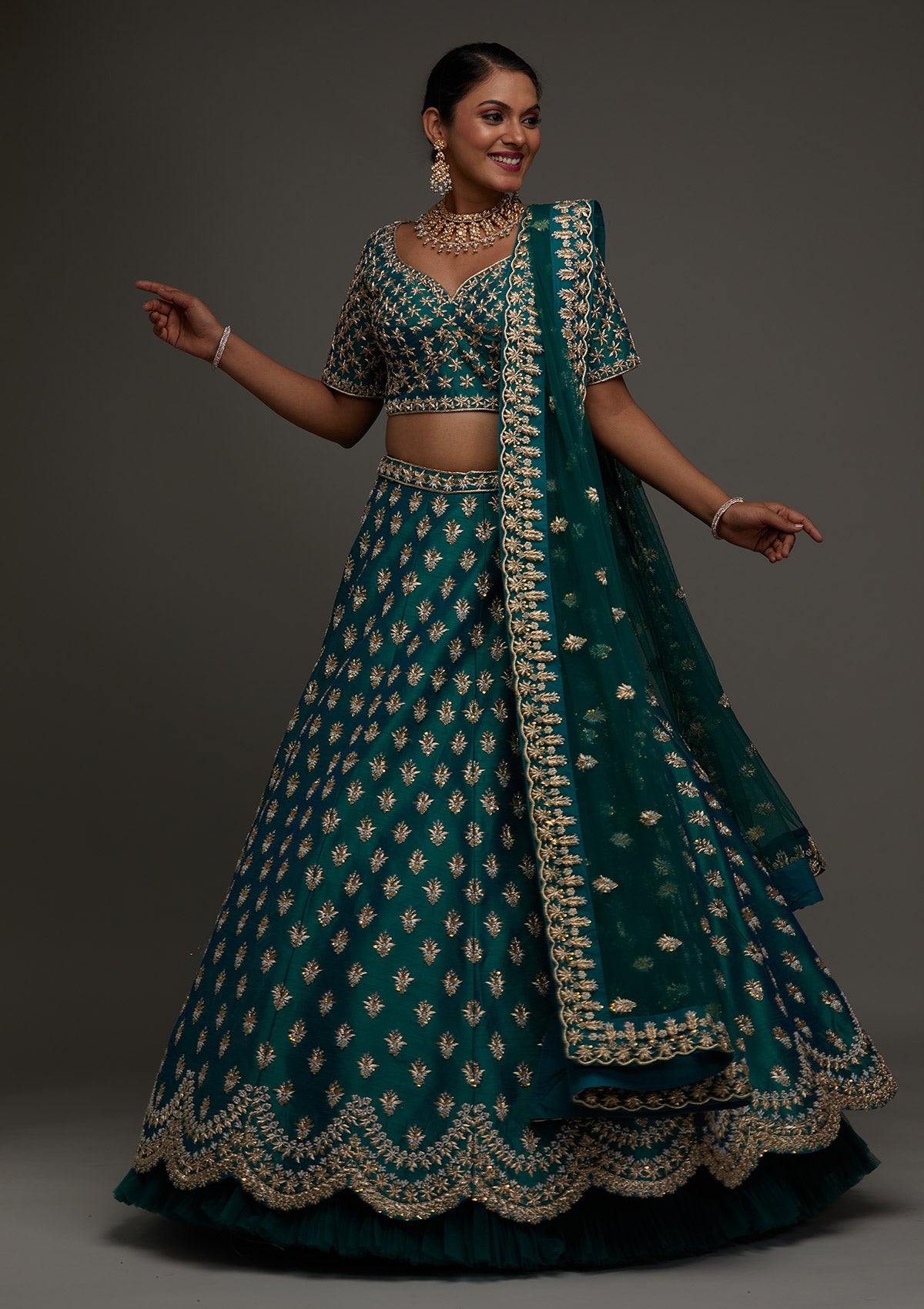 Peacock Green Zardosi Raw Silk Designer Lehenga - Koskii