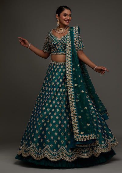 Peacock Green Zardosi Raw Silk Designer Lehenga - Koskii