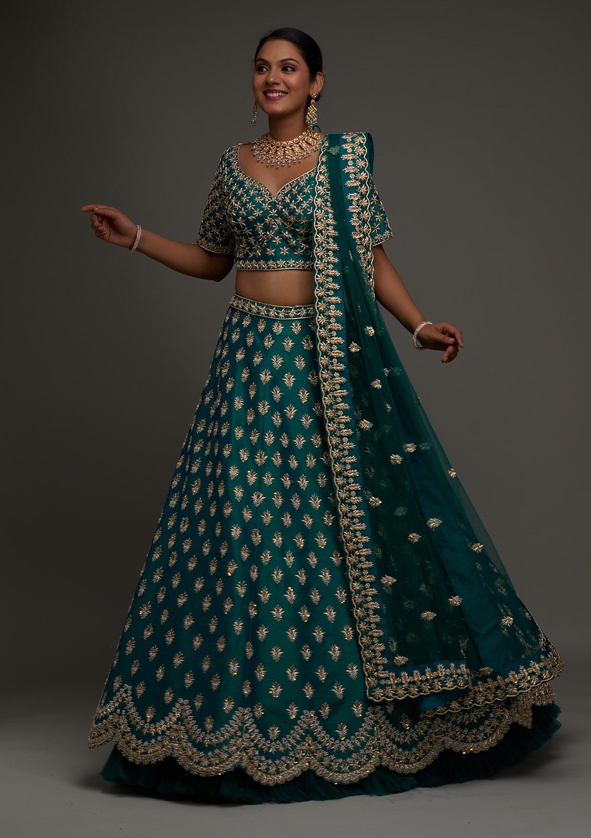 Peacock Green Zardosi Raw Silk Designer Lehenga - Koskii
