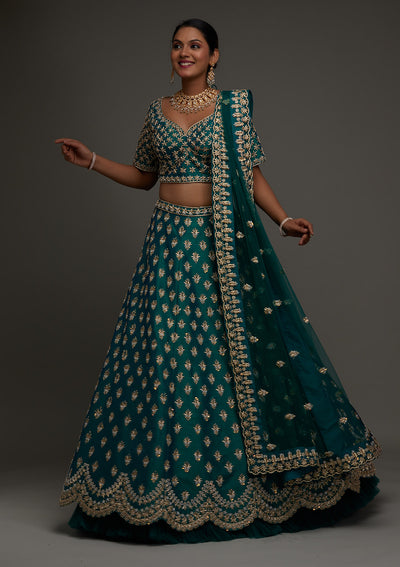 Peacock Green Zardosi Raw Silk Designer Lehenga - Koskii