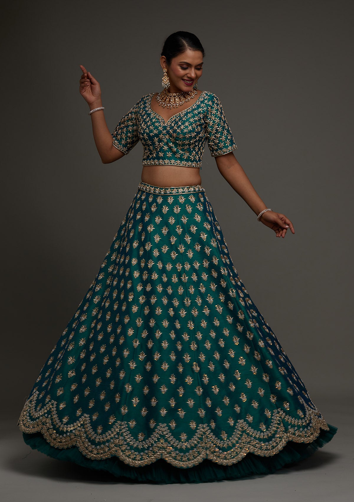 Peacock Green Zardosi Raw Silk Designer Lehenga - Koskii