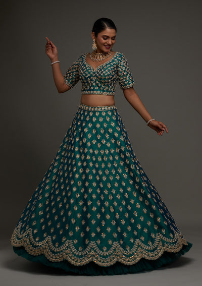 Peacock Green Zardosi Raw Silk Designer Lehenga - Koskii