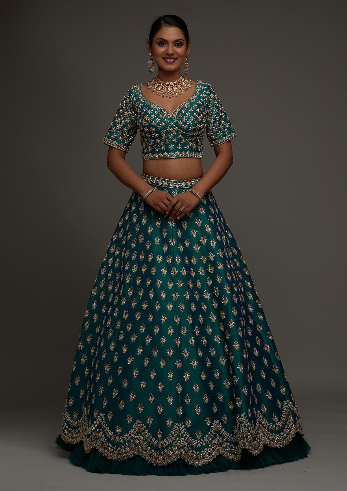Peacock Green Zardosi Raw Silk Designer Lehenga - Koskii