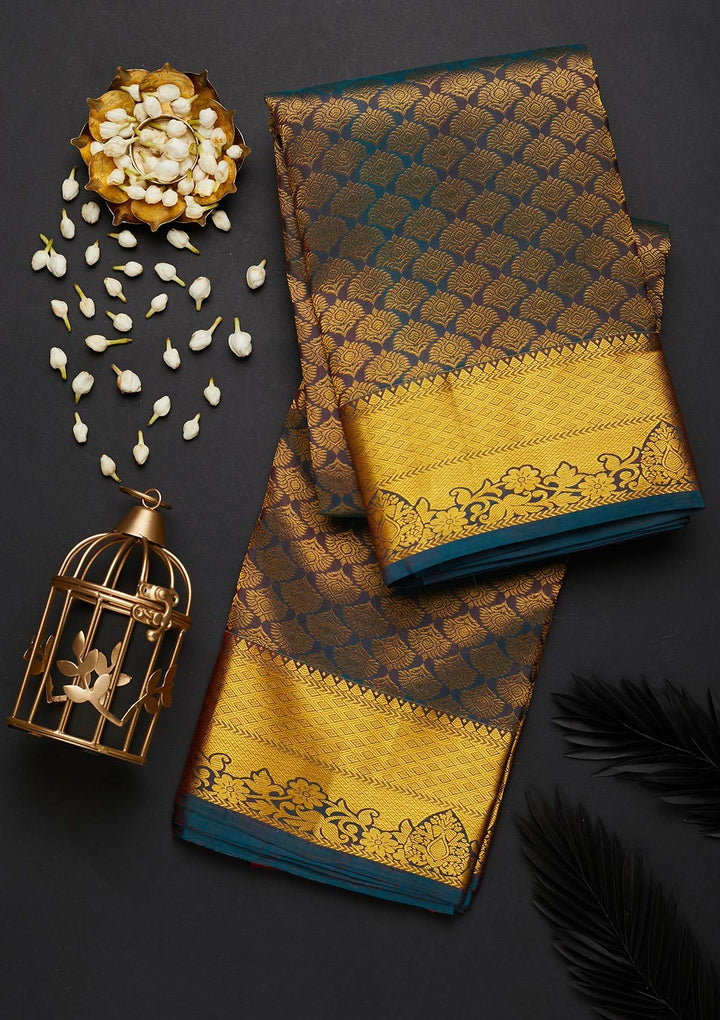 Peacock Green Zariwork Pure Silk Designer Saree - Koskii