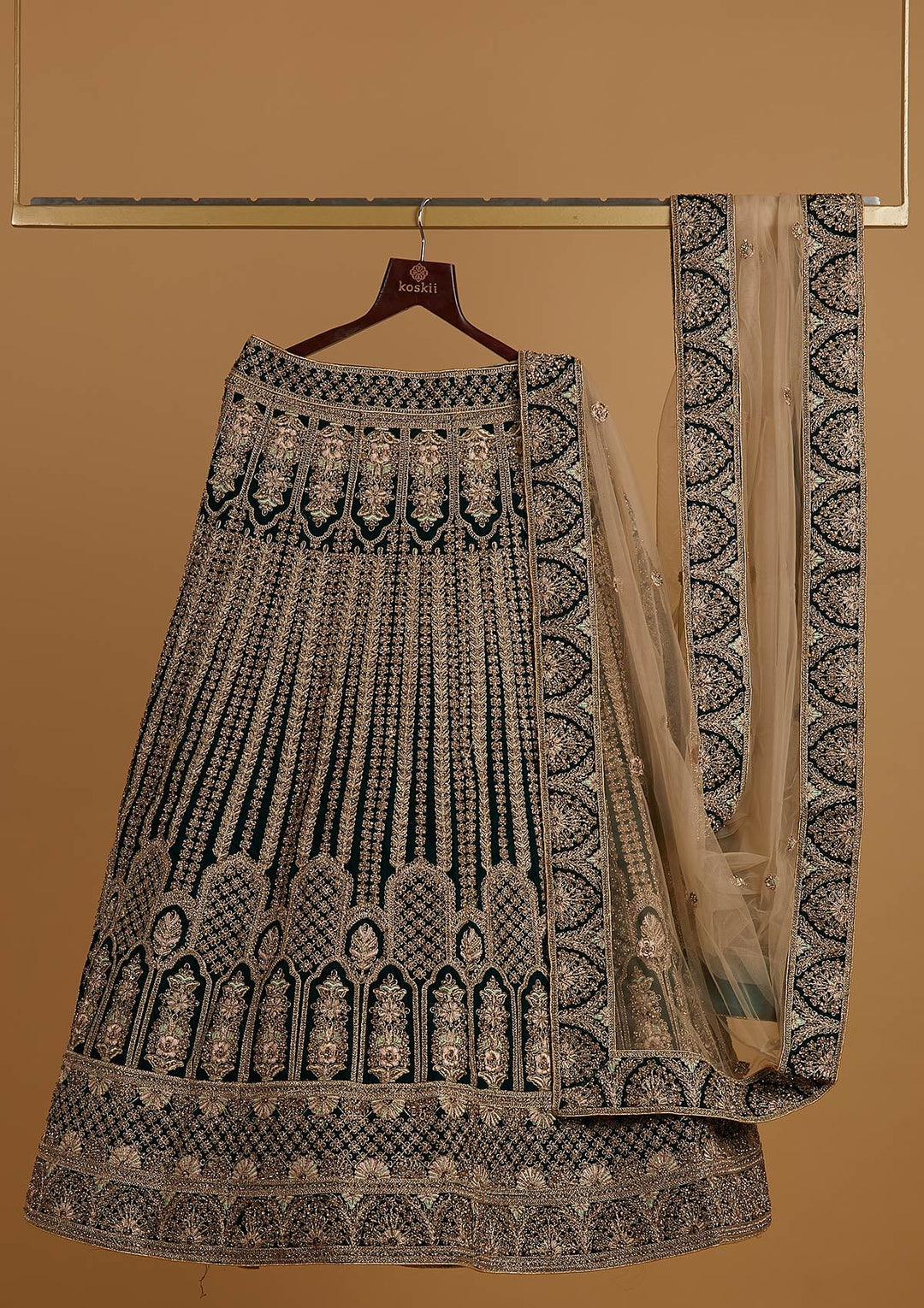Peacock Green Zariwork Velvet Designer Semi-Stitched Lehenga - koskii