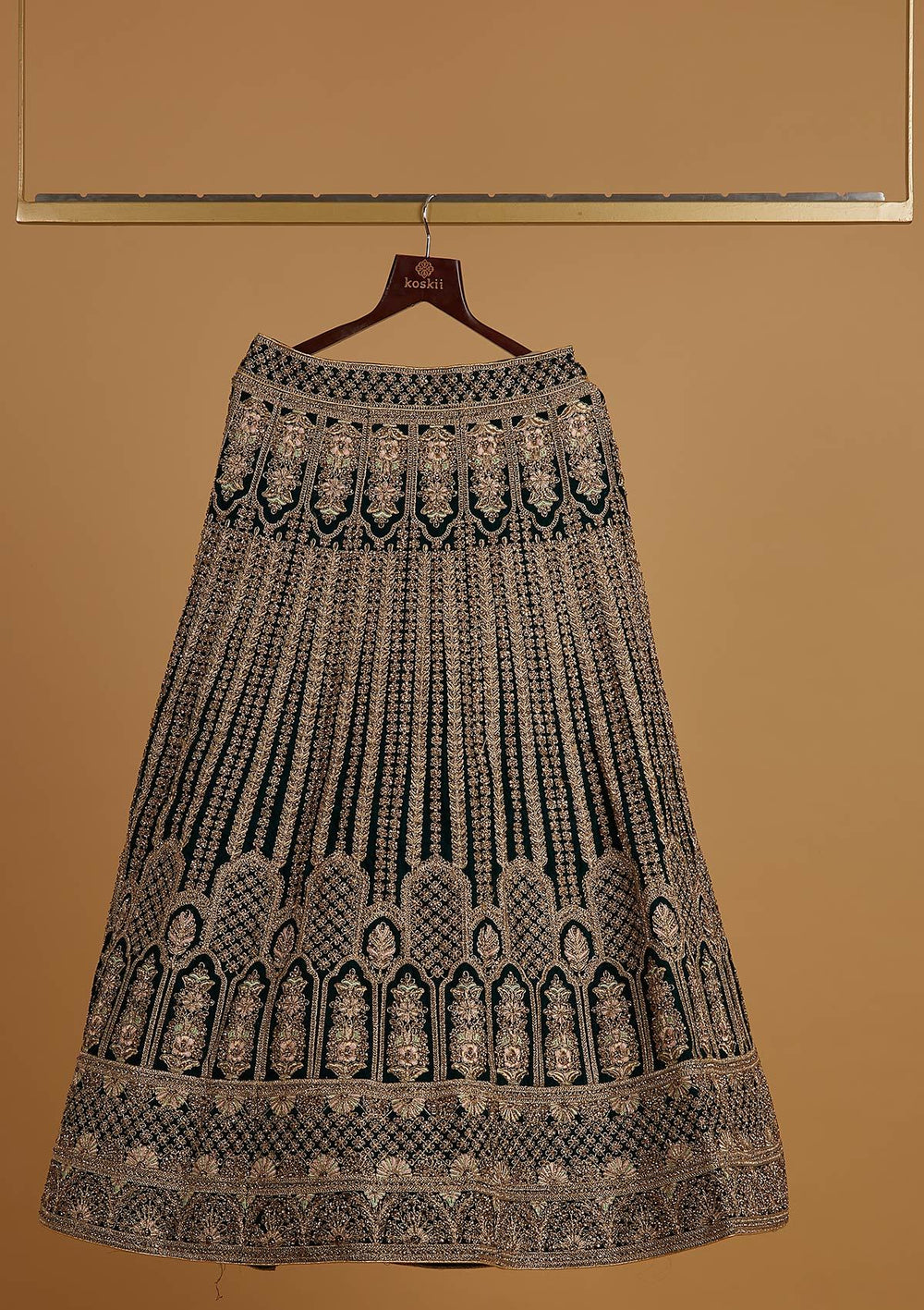 Peacock Green Zariwork Velvet Designer Semi-Stitched Lehenga - koskii