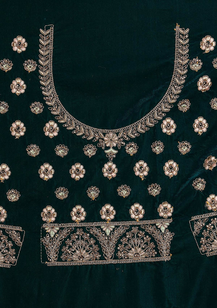 Peacock Green Zariwork Velvet Designer Semi-Stitched Lehenga - koskii