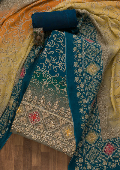 Peacock Blue Bandhani Crepe Unstitched Salwar Suit-Koskii