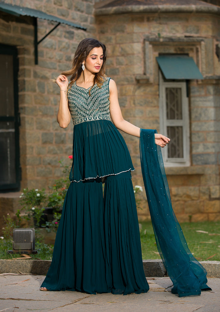Peacock Blue Mirrorwork Georgette Readymade Salwar Suit-Koskii