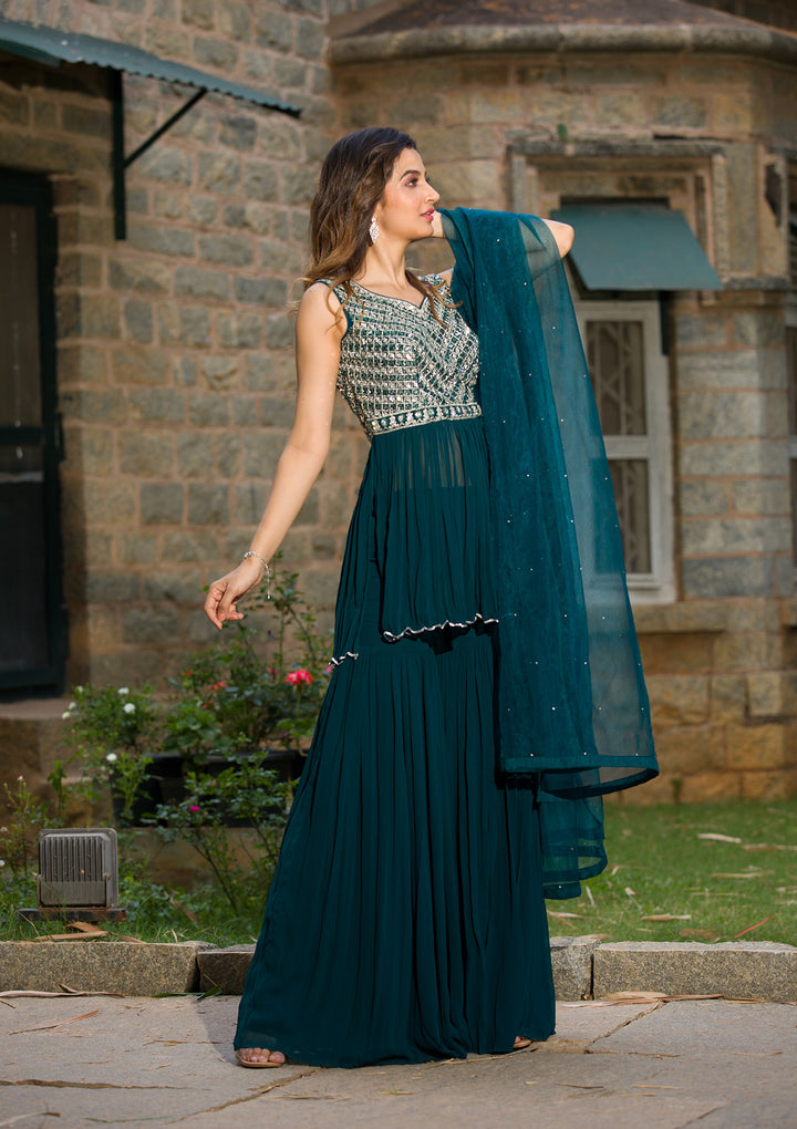 Peacock Blue Mirrorwork Georgette Readymade Salwar Suit-Koskii