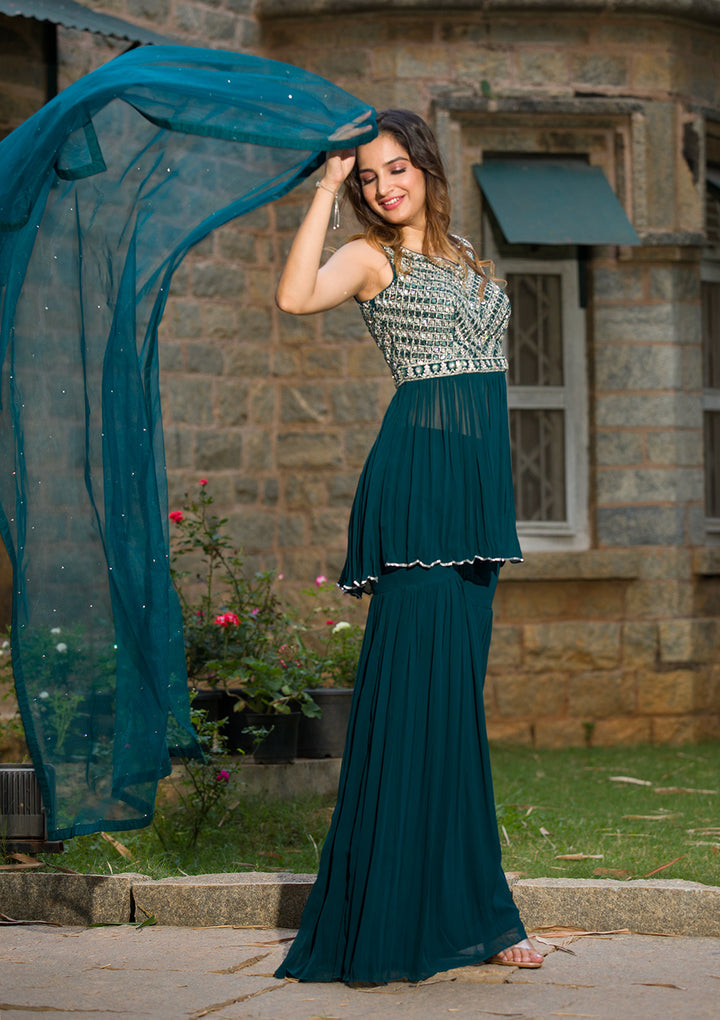 Peacock Blue Mirrorwork Georgette Readymade Salwar Suit-Koskii