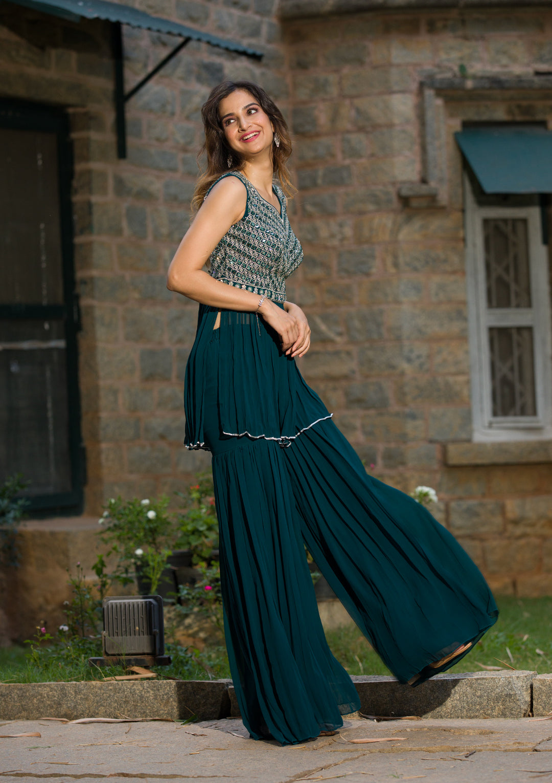 Peacock Blue Mirrorwork Georgette Readymade Salwar Suit-Koskii