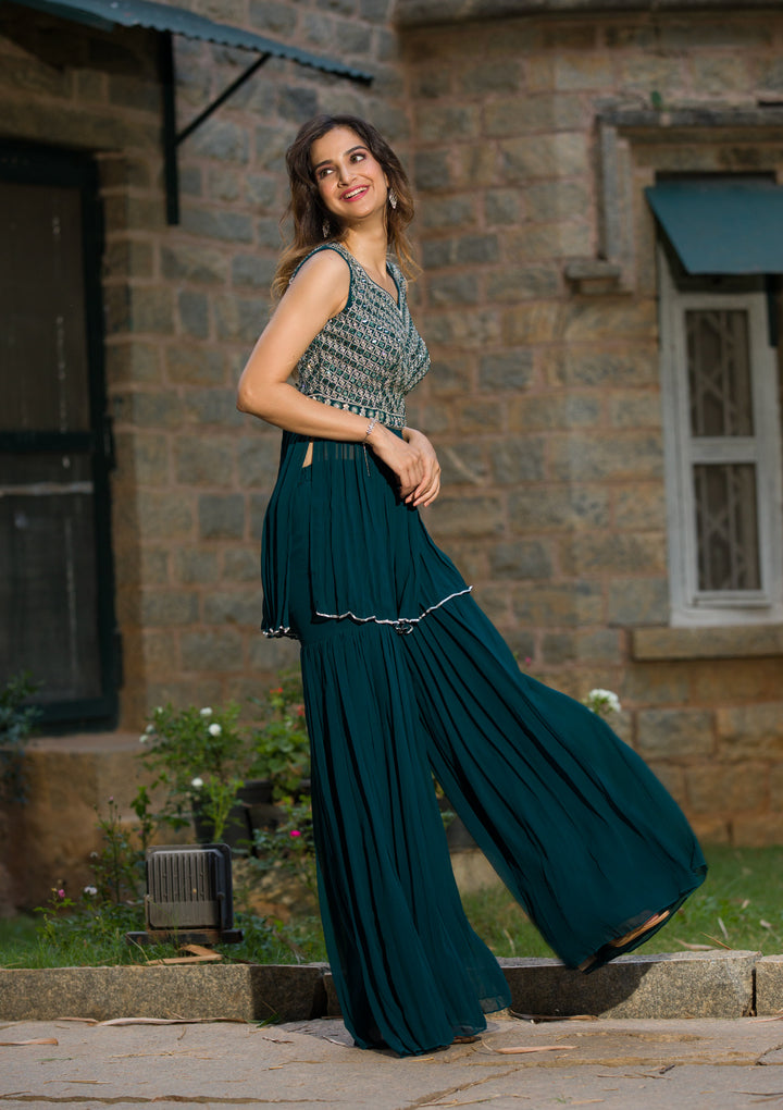 Peacock Blue Mirrorwork Georgette Readymade Salwar Suit-Koskii