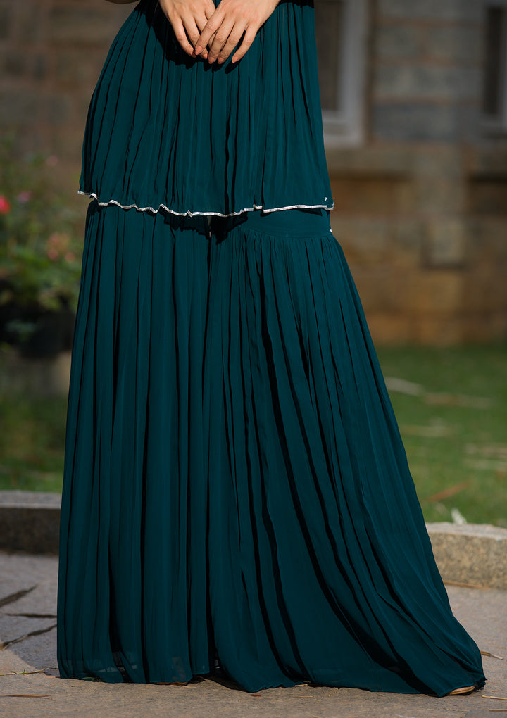 Peacock Blue Mirrorwork Georgette Readymade Salwar Suit-Koskii