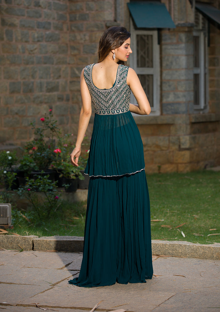 Peacock Blue Mirrorwork Georgette Readymade Salwar Suit-Koskii
