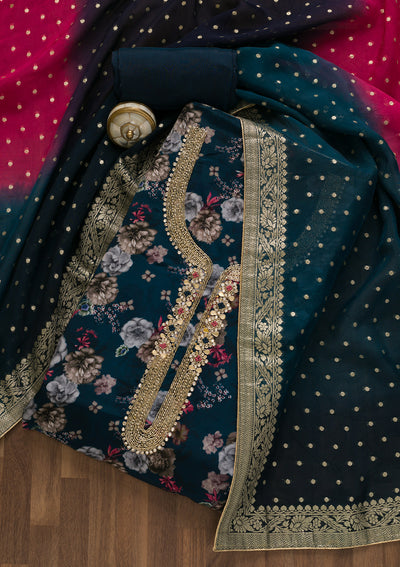 Peacock Blue Printed Tissue Unstitched Salwar Suit-Koskii