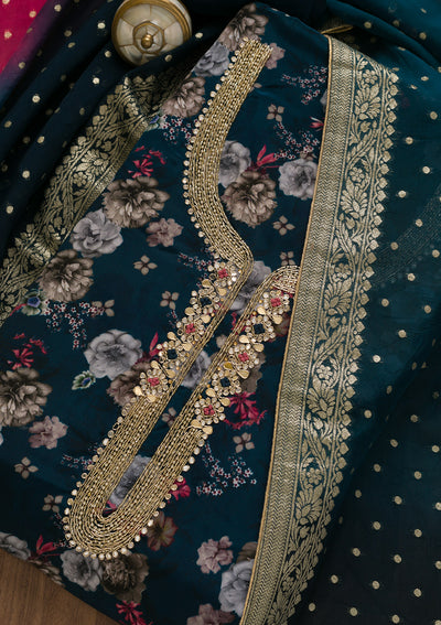 Peacock Blue Printed Tissue Unstitched Salwar Suit-Koskii