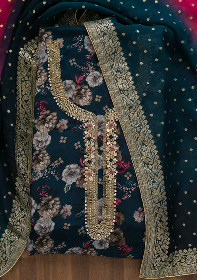 Peacock Blue Printed Tissue Unstitched Salwar Suit-Koskii