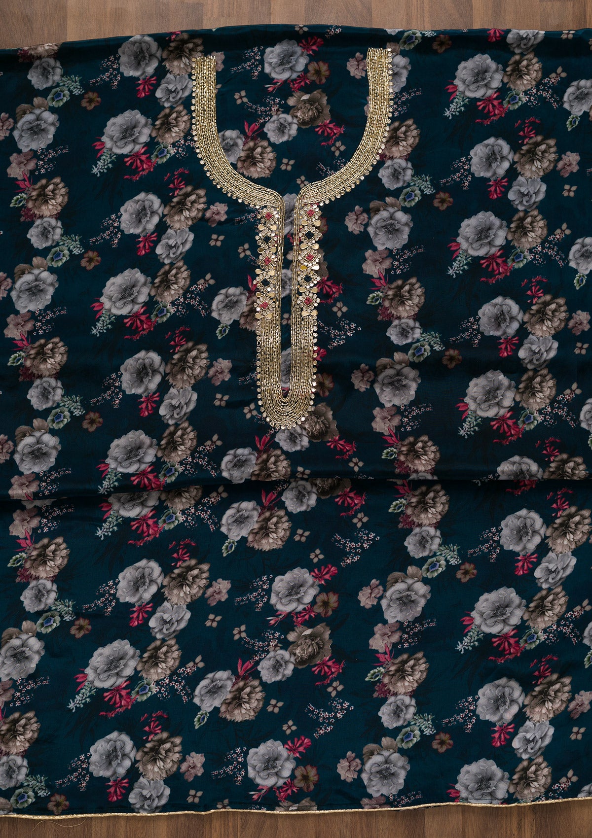 Peacock Blue Printed Tissue Unstitched Salwar Suit-Koskii