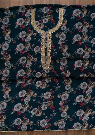 Peacock Blue Printed Tissue Unstitched Salwar Suit-Koskii