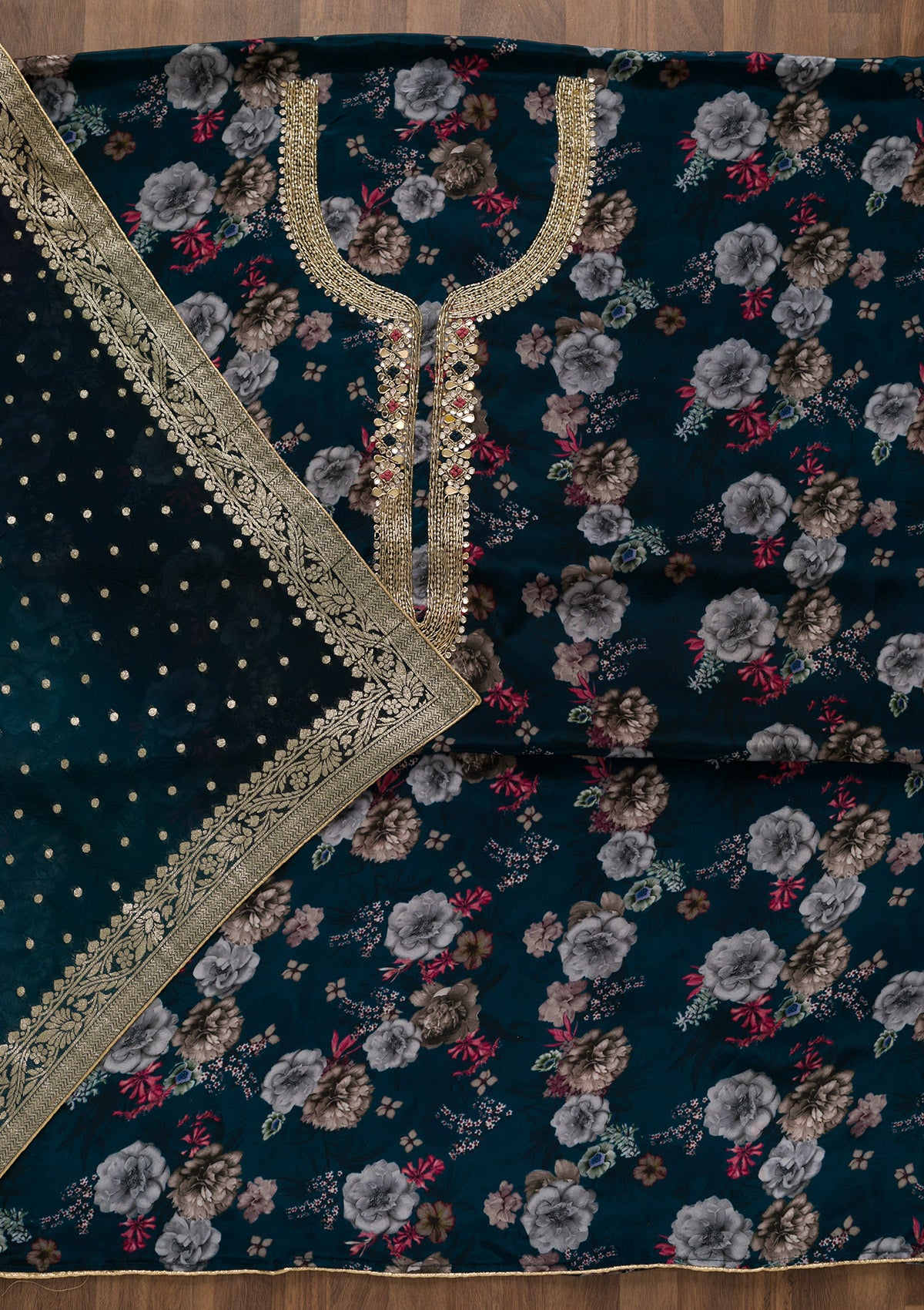Peacock Blue Printed Tissue Unstitched Salwar Suit-Koskii