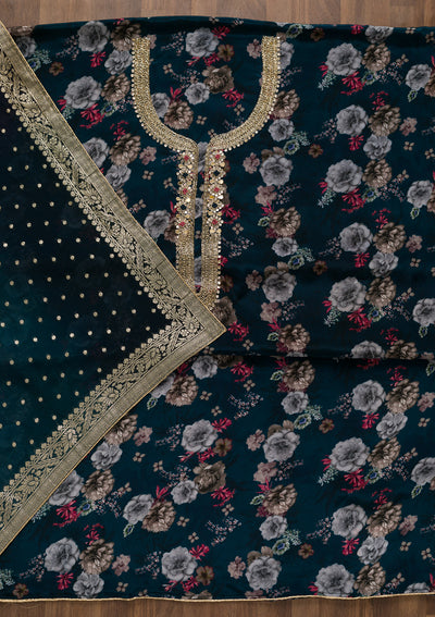 Peacock Blue Printed Tissue Unstitched Salwar Suit-Koskii